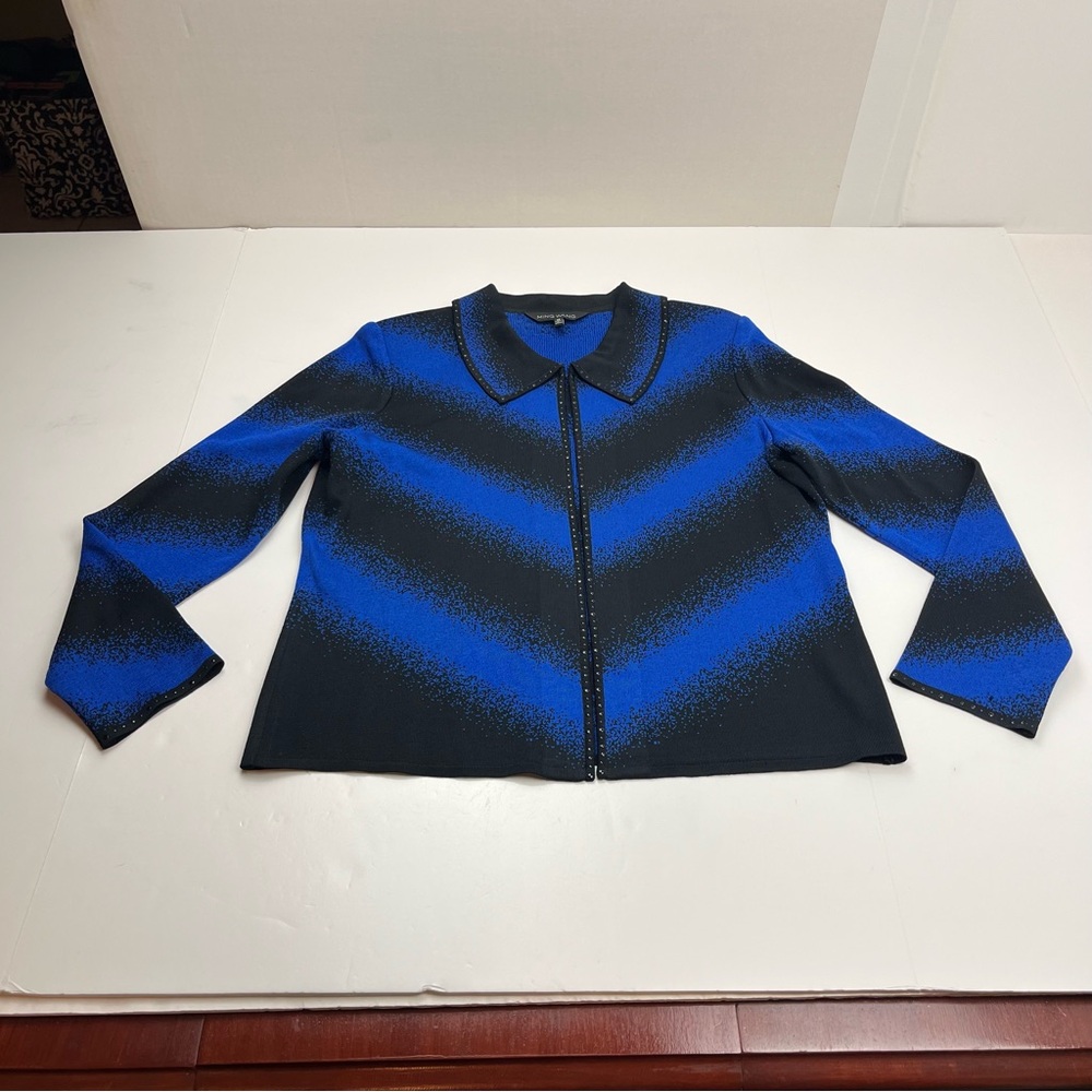 Ming Wang Women’s Blue Black Open‎ Front Cardigan Sweater Medium Office Career